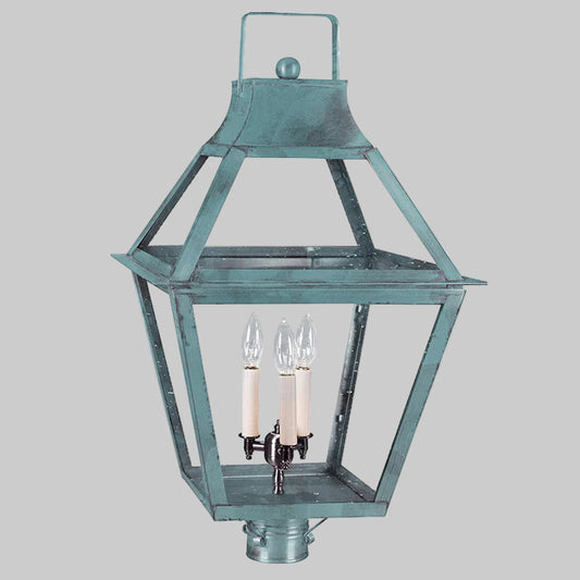 Vintage-style lantern with three light bulbs on a gray background