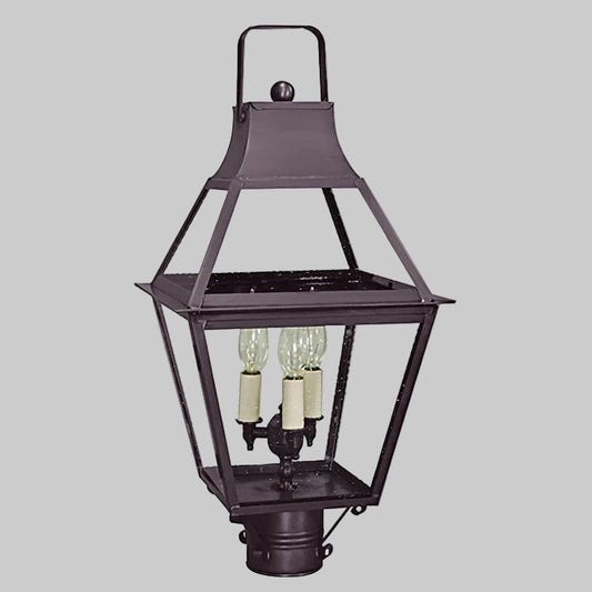 Decorative outdoor lamp with three light bulbs on a gray background
