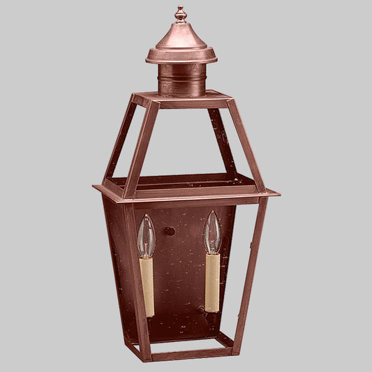 Copper outdoor lantern with two candle-like lights on a white background