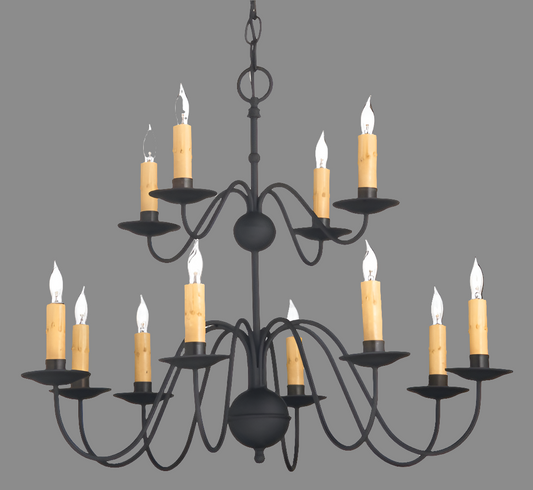 A black wrought iron chandelier with a double tier design, featuring 12 hanging lights with a unique shape and style.