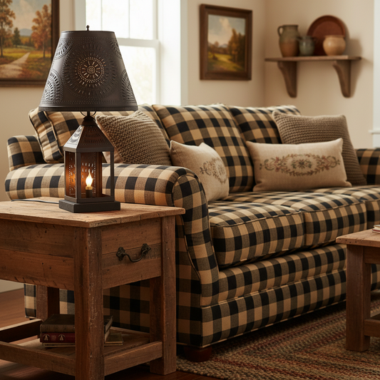 Living room with checkered sofa, wooden table, and decorative lamp.