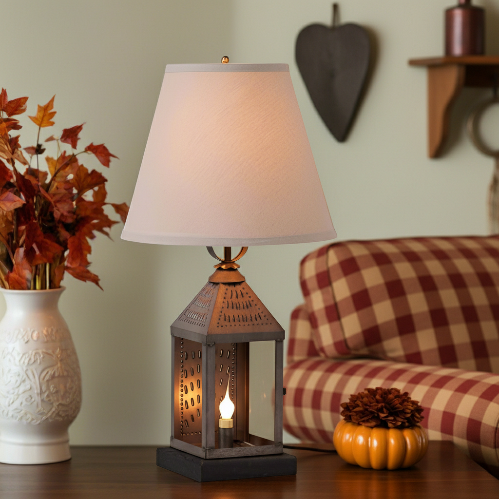 Decorative lamp with a white shade on a table next to a vase with autumn leaves and a small pumpkin.