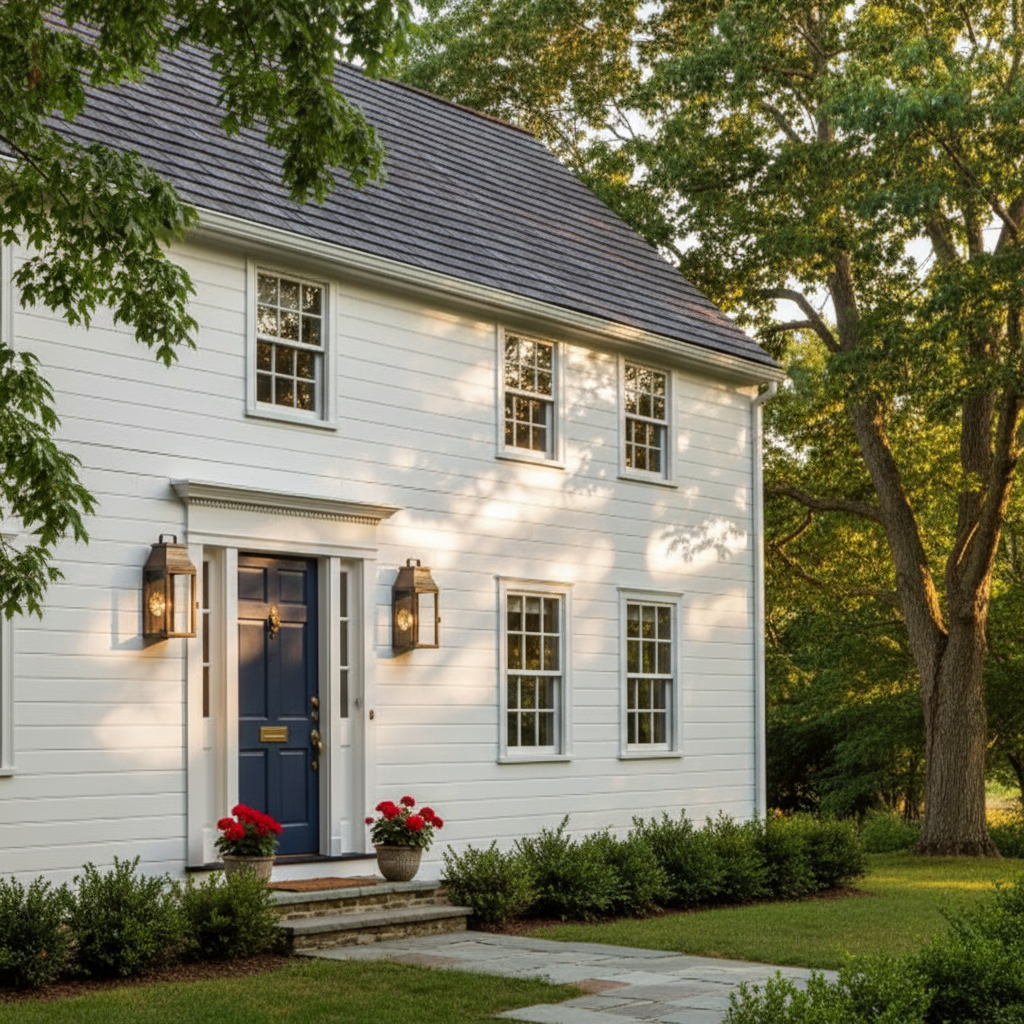 White house with a blue door and decorative elements on a sunny day