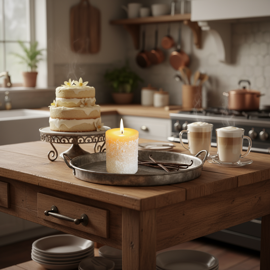 Wooden kitchen island with a cake, candles, and coffee cups.