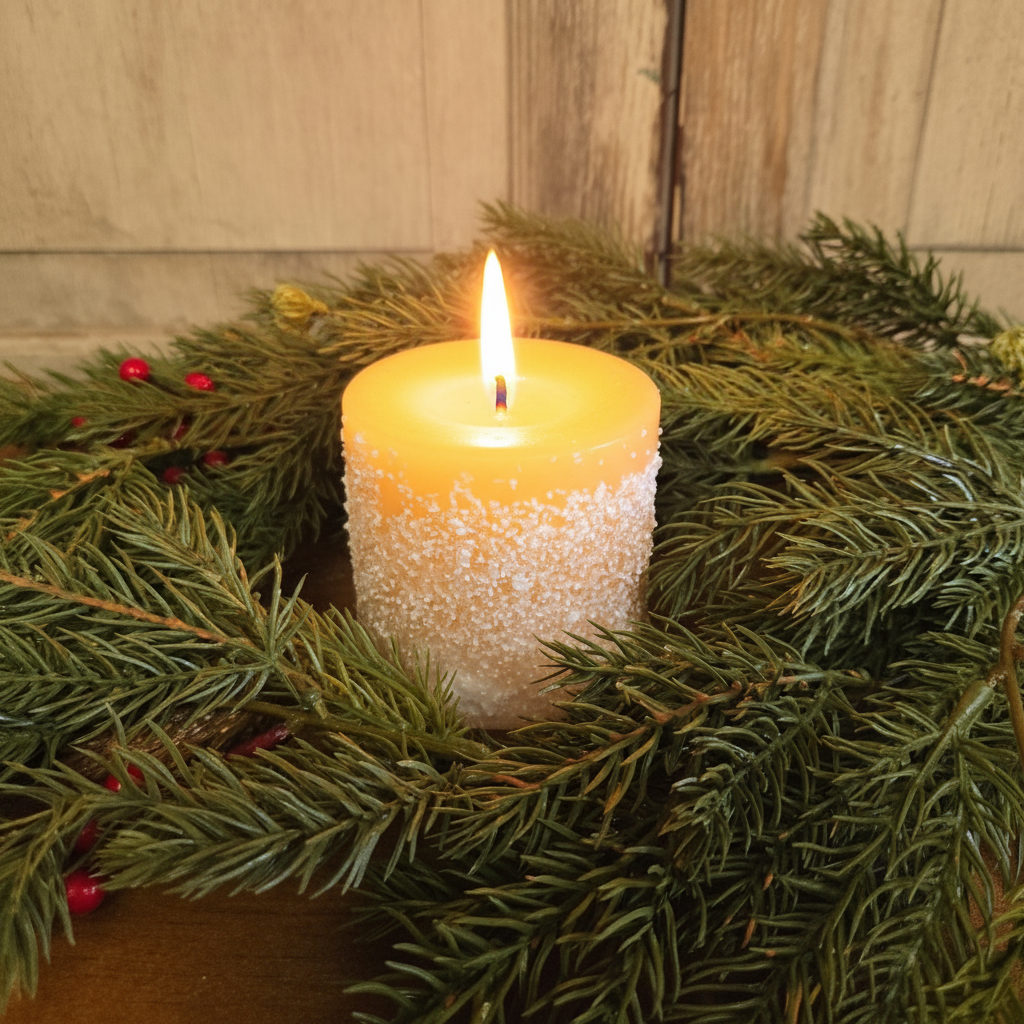 Candle in a decorative wreath with greenery and berries on a wooden surface