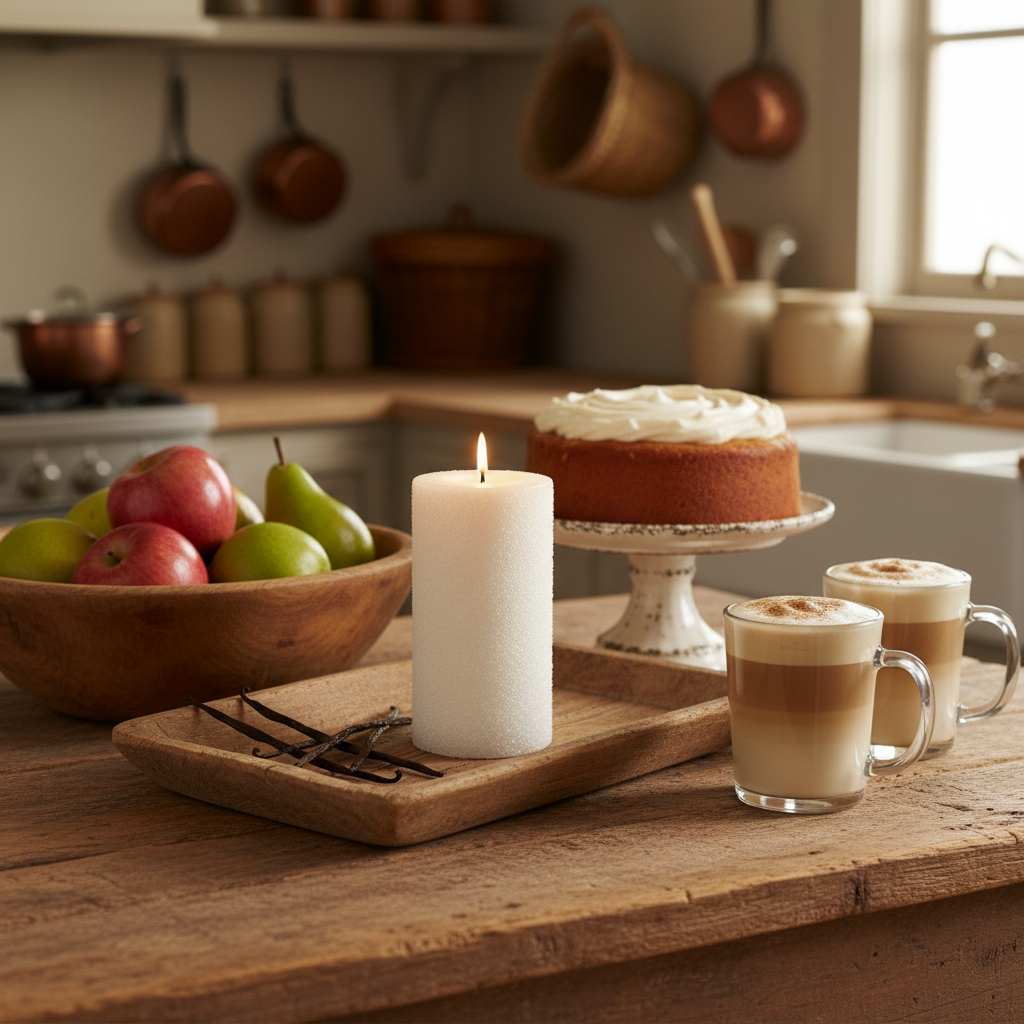 Café au lait in a glass mug on a wooden table with a cake, candles, and fruit in a kitchen setting.