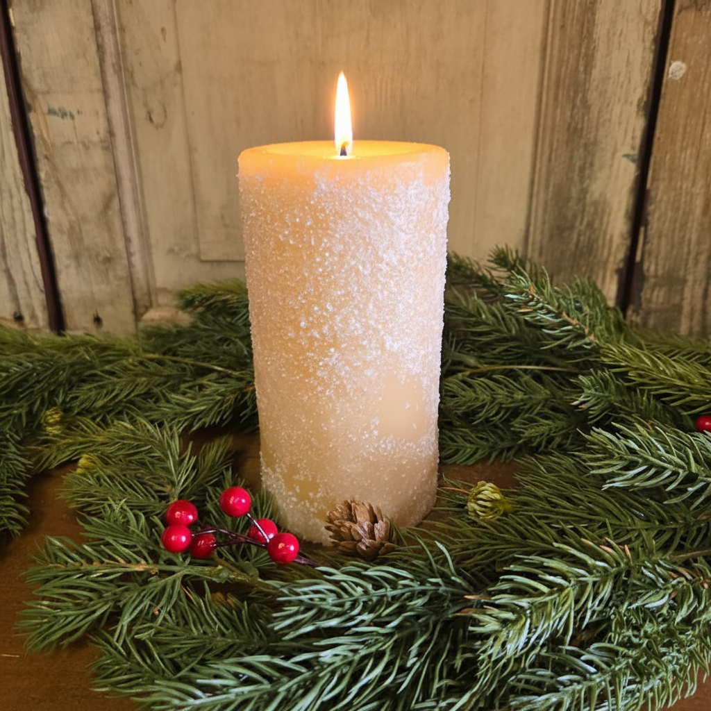 Candle with decorative greenery on a wooden surface
