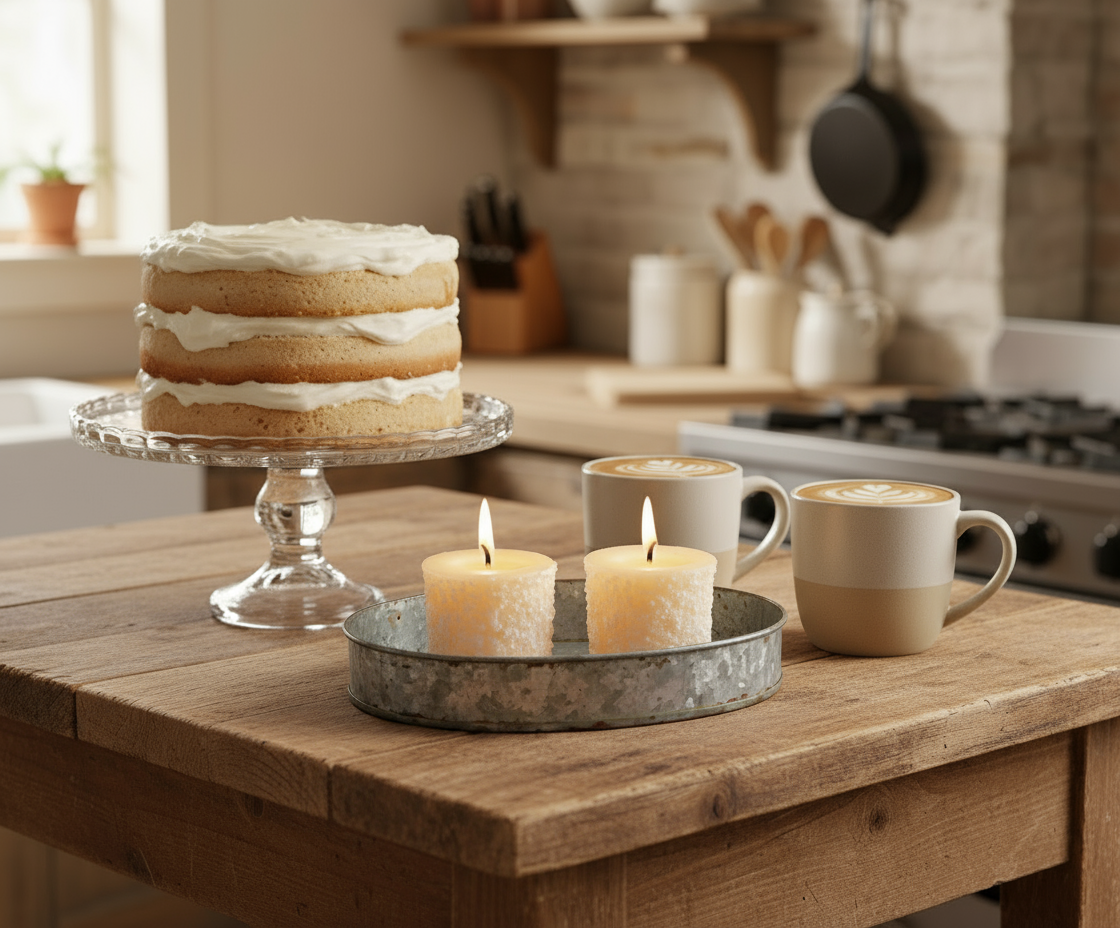 Café setting with a cake, candles, and mugs on a wooden table.