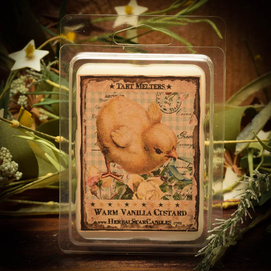 Clear packaging of tart melters with artwork of a chick and text