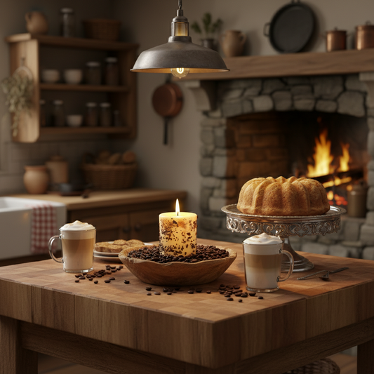 Cozy kitchen scene with coffee, cake, and a candle on a wooden table.