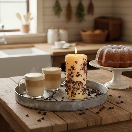 Candle with coffee beans, two cups of coffee, and a bundt cake on a wooden table.