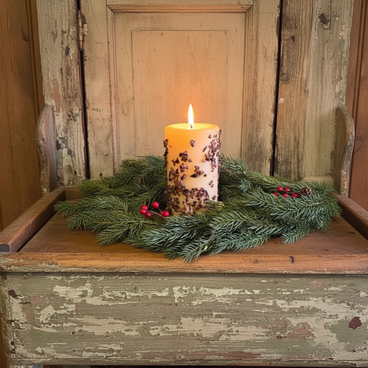 Candle with decorative elements on a wooden surface