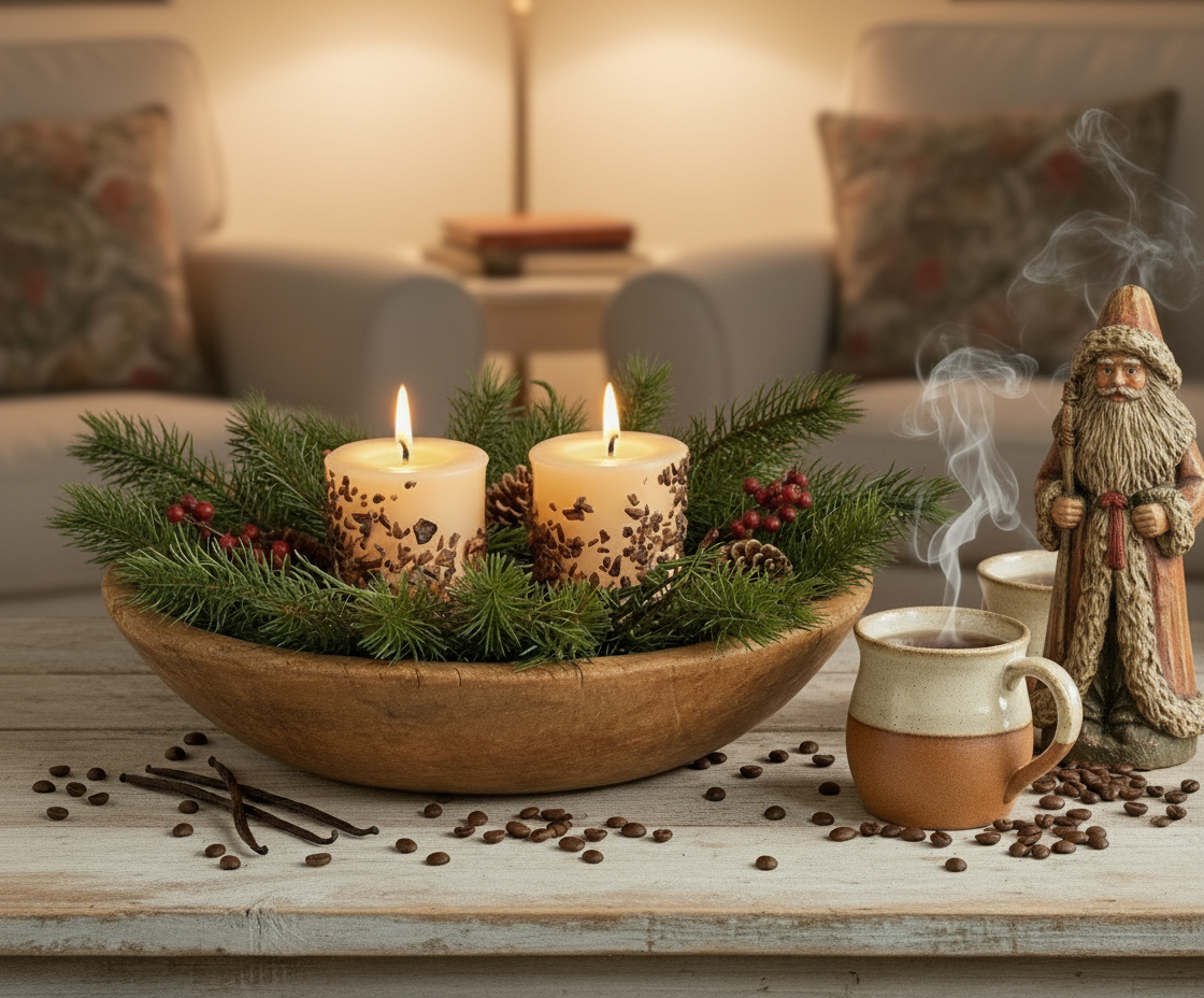 Wooden bowl with candles, coffee, and a Santa figure on a wooden surface