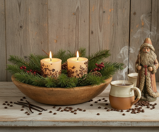 Wooden bowl with candles, coffee, and a Santa figure on a wooden surface