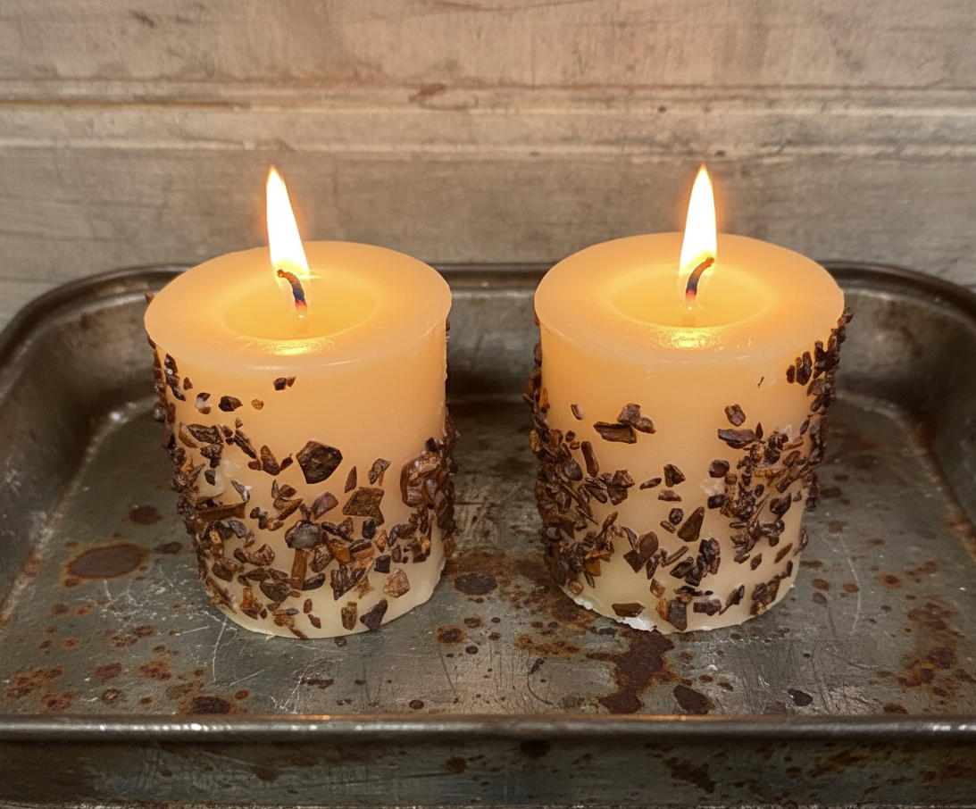 Two lit candles with decorative elements on a metal tray against a stone wall background