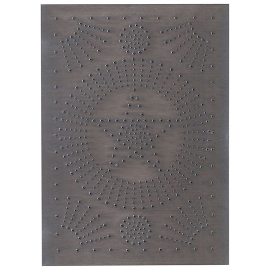 A pierced metal panel with a geometric pattern featuring stars and circles in a kettle black finish.
