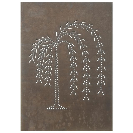 A pierced metal panel featuring a vertical willow design in a kettle black finish.