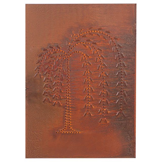A rectangular panel with a rustic tin finish, featuring a vertical willow design, handcrafted in the USA.