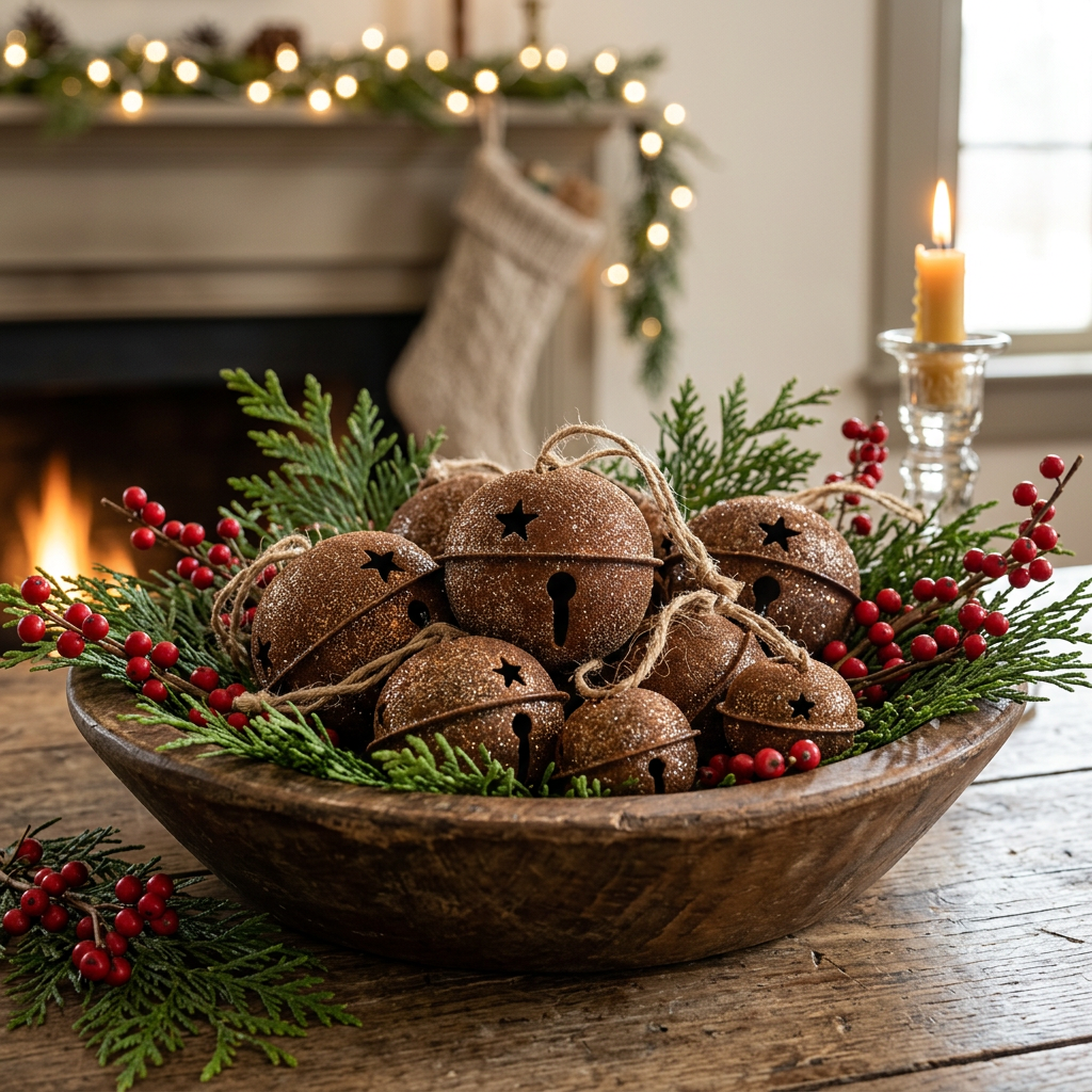 Vintage glitter Rusty Bell ornaments in an antique wooden bowl with fresh Cedar greens and berries