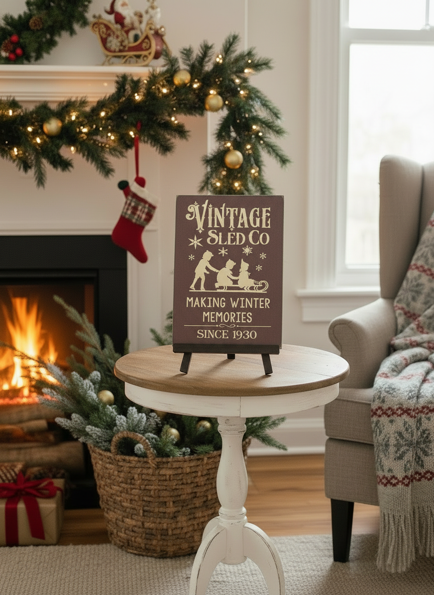 Decorative sign with 'Vintage Sled Co' in a cozy living room with Christmas decorations.