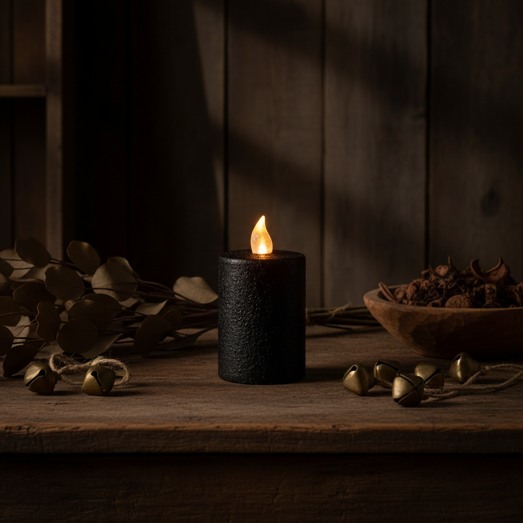 Warm Glow Textured Black Flicker Flame Timer Pillar