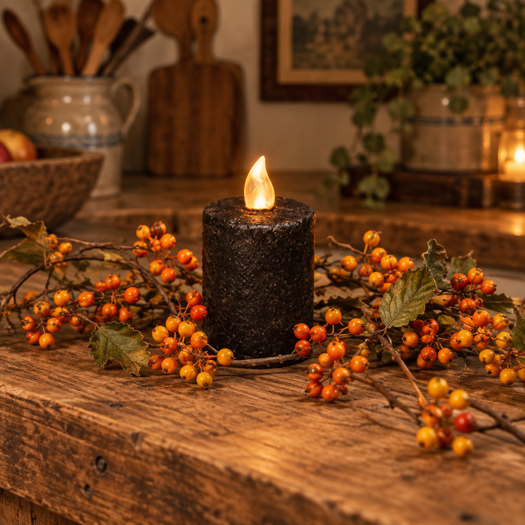 Warm Glow Textured Black Flicker Flame Timer Pillar