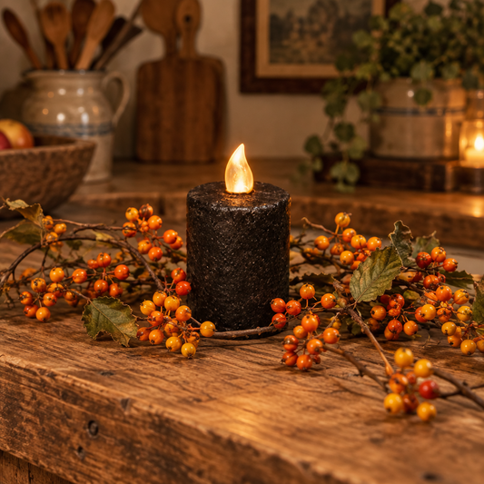 Warm Glow Textured Black Flicker Flame Timer Pillar