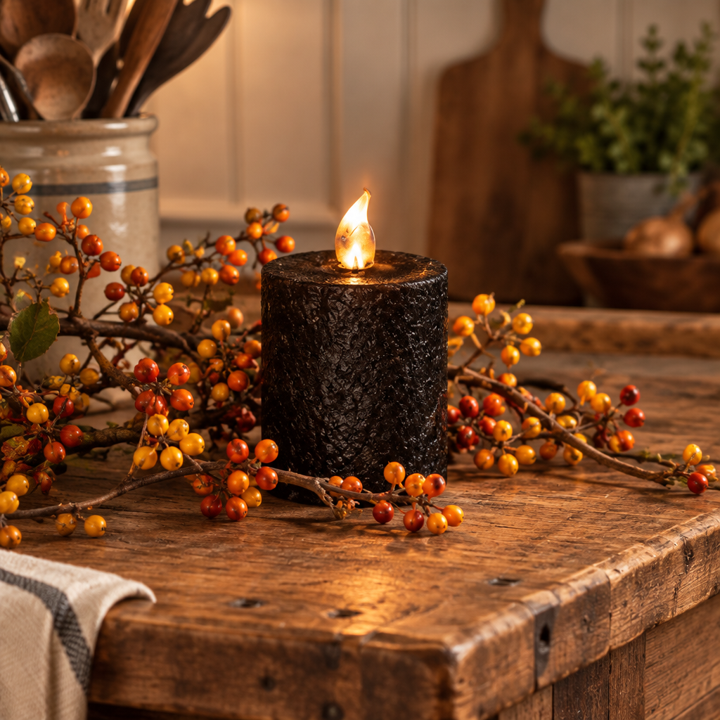 Warm Glow Textured Black Flicker Flame Timer Pillar
