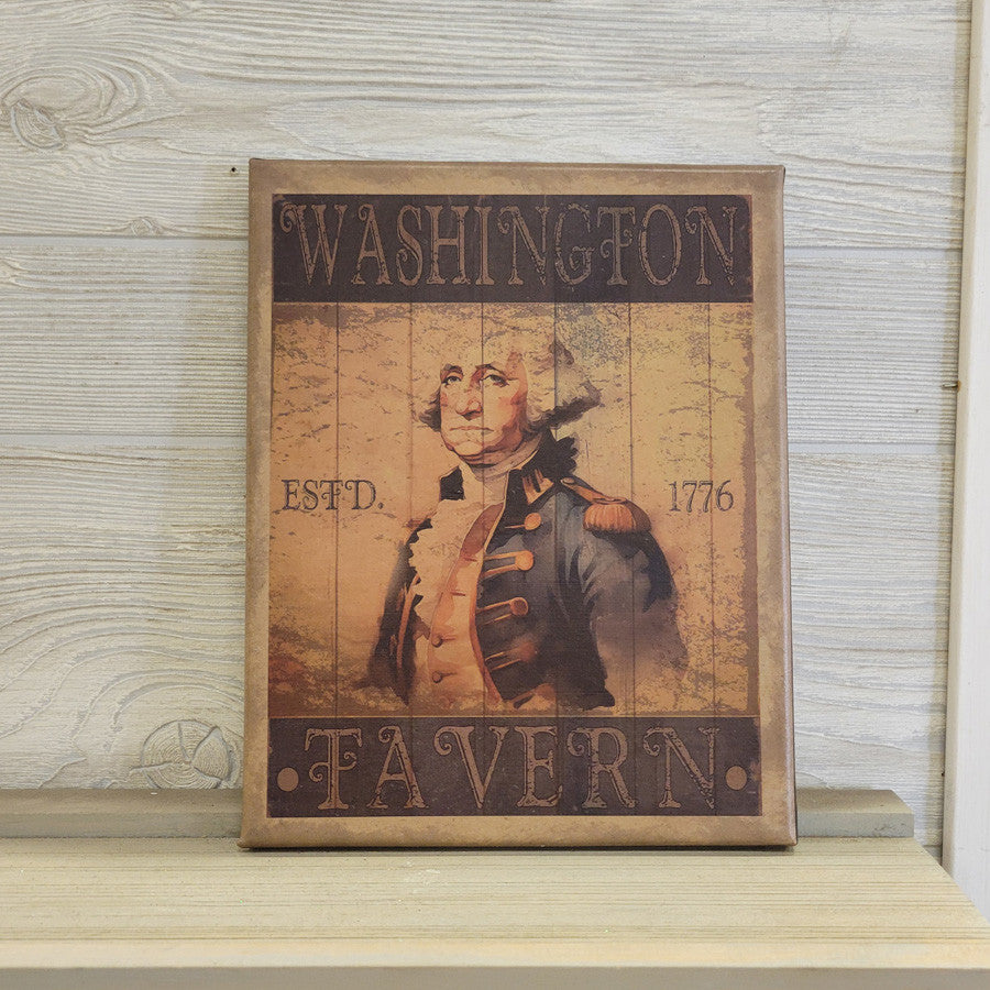 Decorative sign with portrait of a historical figure and 'Washington Tavern' text on a wooden surface.