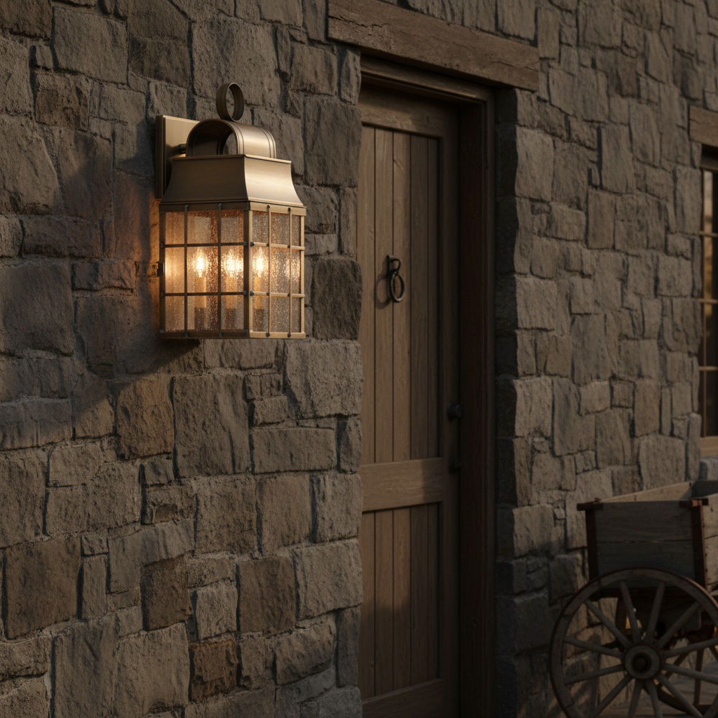 Stone building with a lit outdoor light fixture and wooden door.