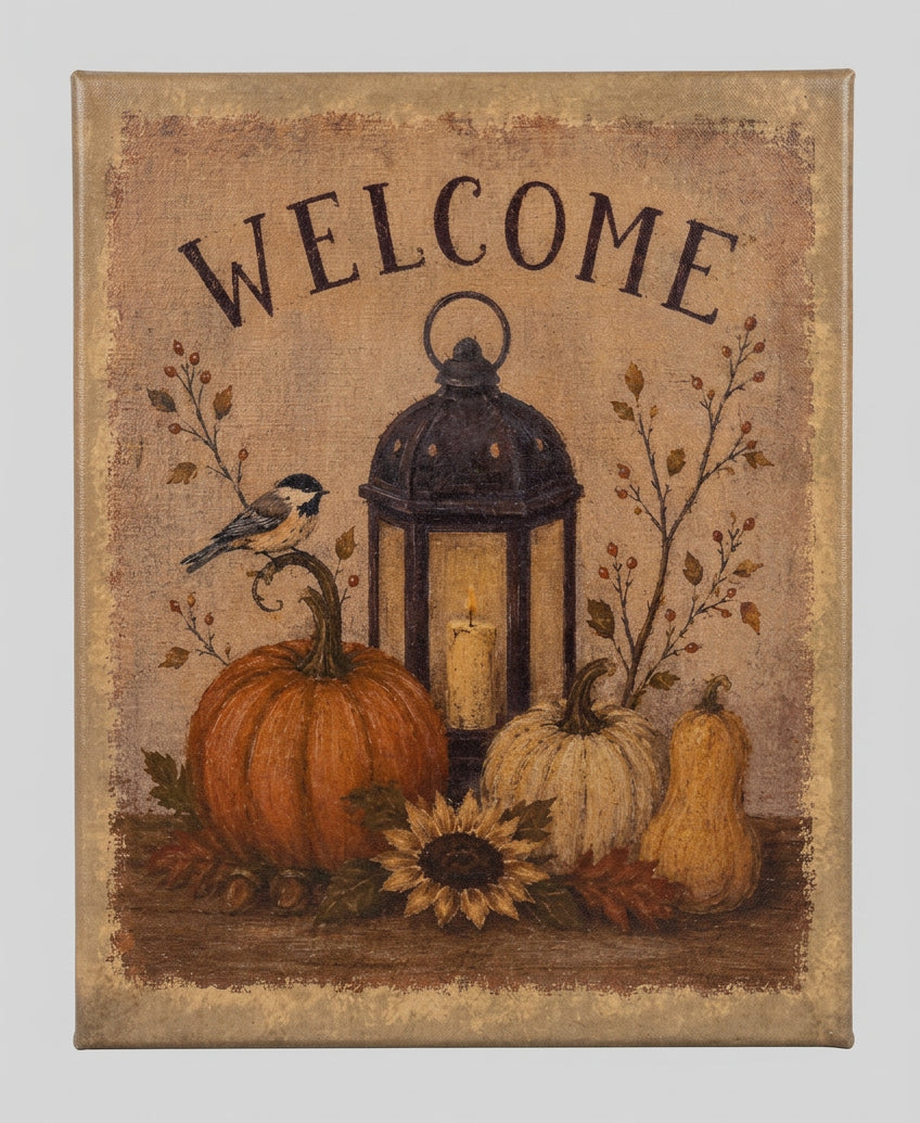 Welcome canvas print featuring birds, pumpkins, and a glowing lantern in a rustic autumn scene.