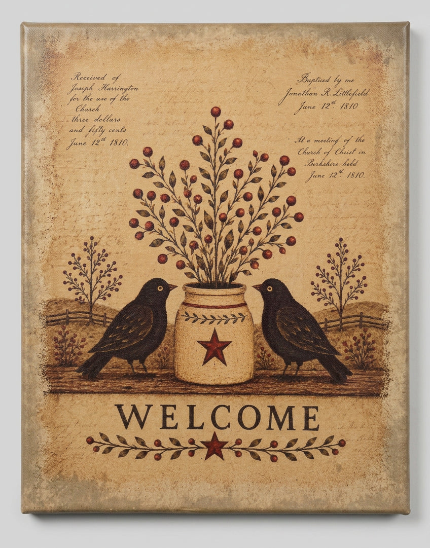 Welcome canvas print featuring two crows beside a weathered crock filled with bittersweet branches.