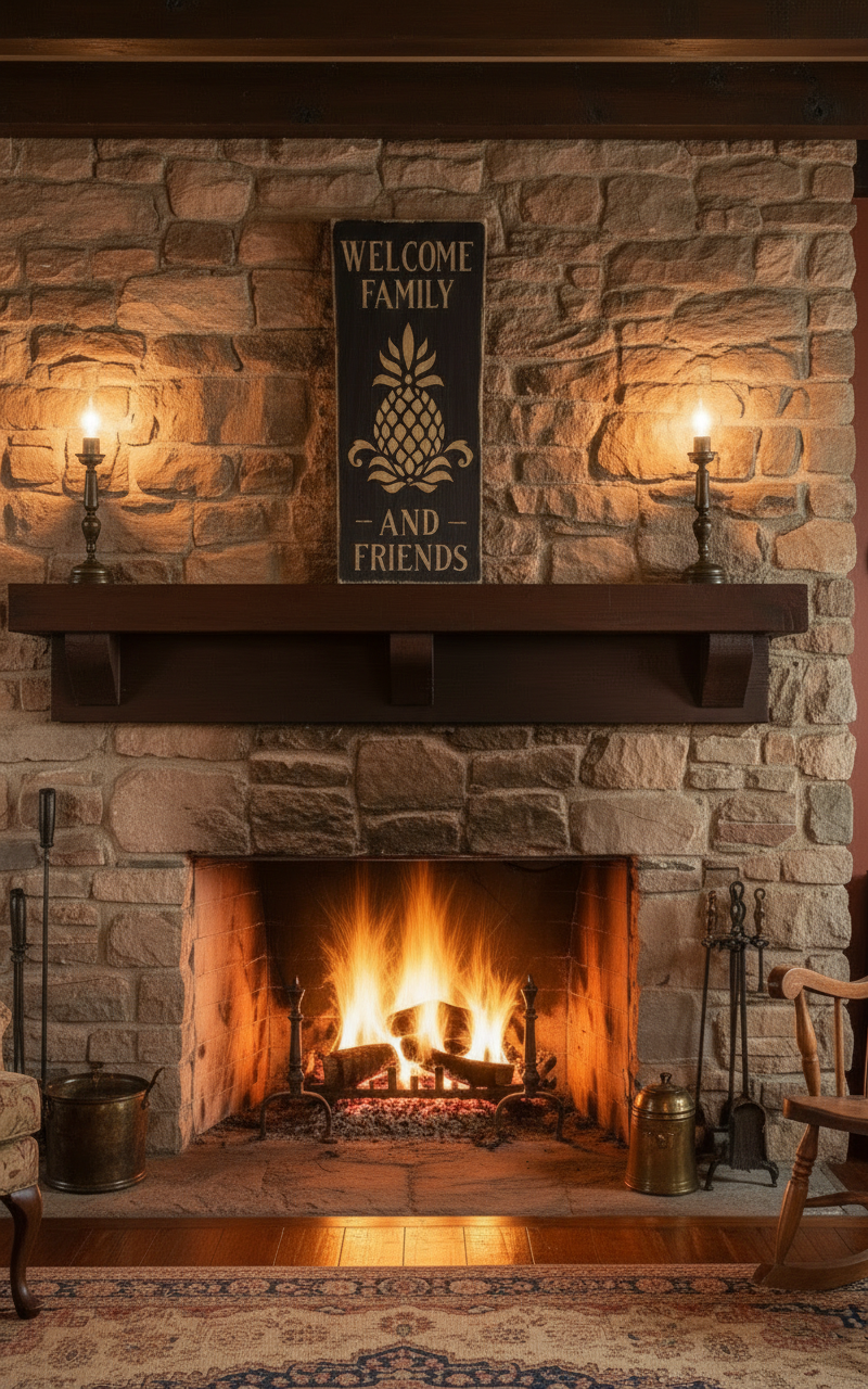 Cozy living room with stone fireplace, wooden chairs, and a warm glow.