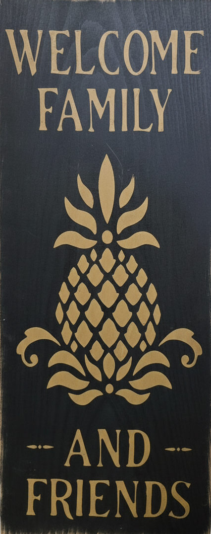Wooden sign with pineapple design and text 'Welcome Family and Friends' on a dark background