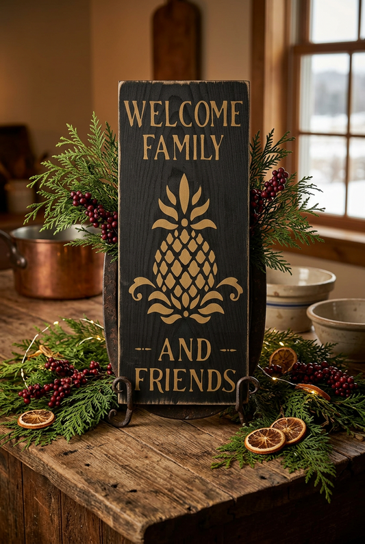 Welcome family and friends wood sign on  table in home with fresh cedar greens and berries.