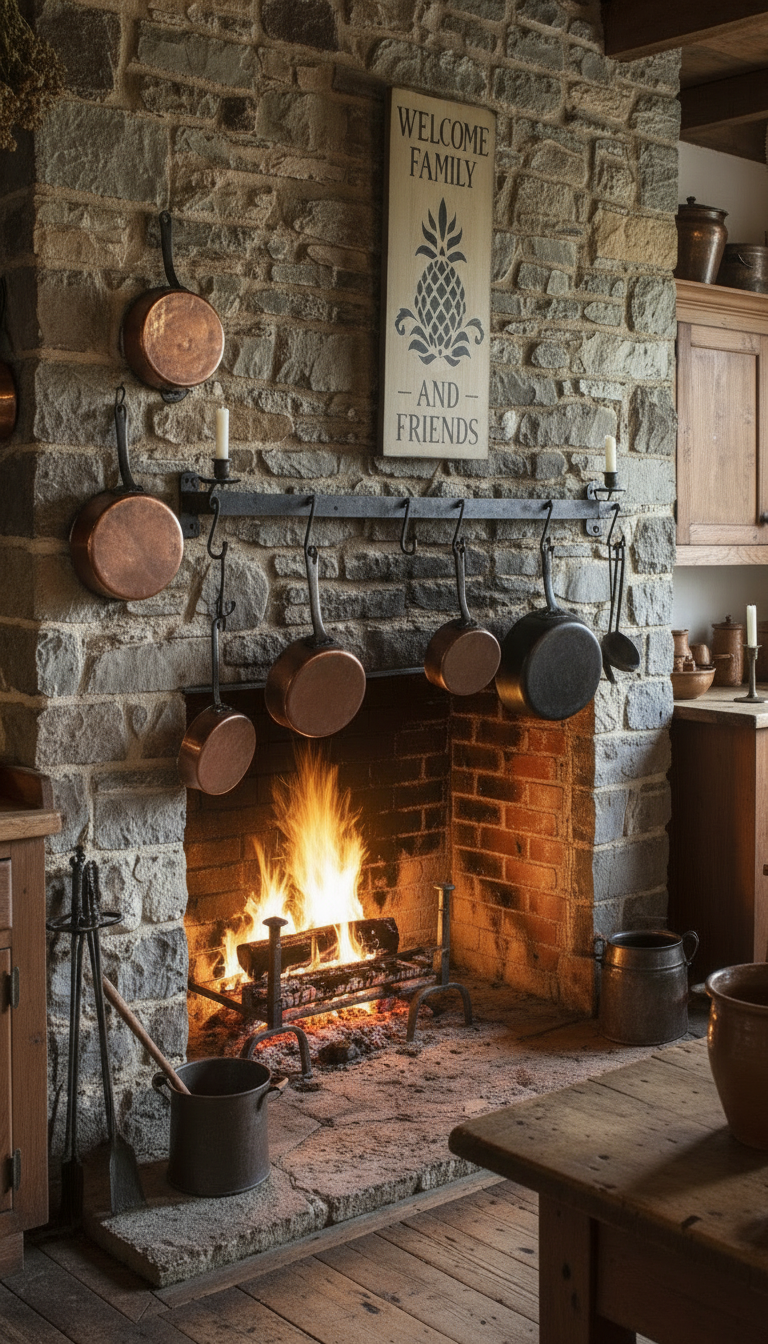 Cozy rustic kitchen with stone fireplace and wooden furniture.