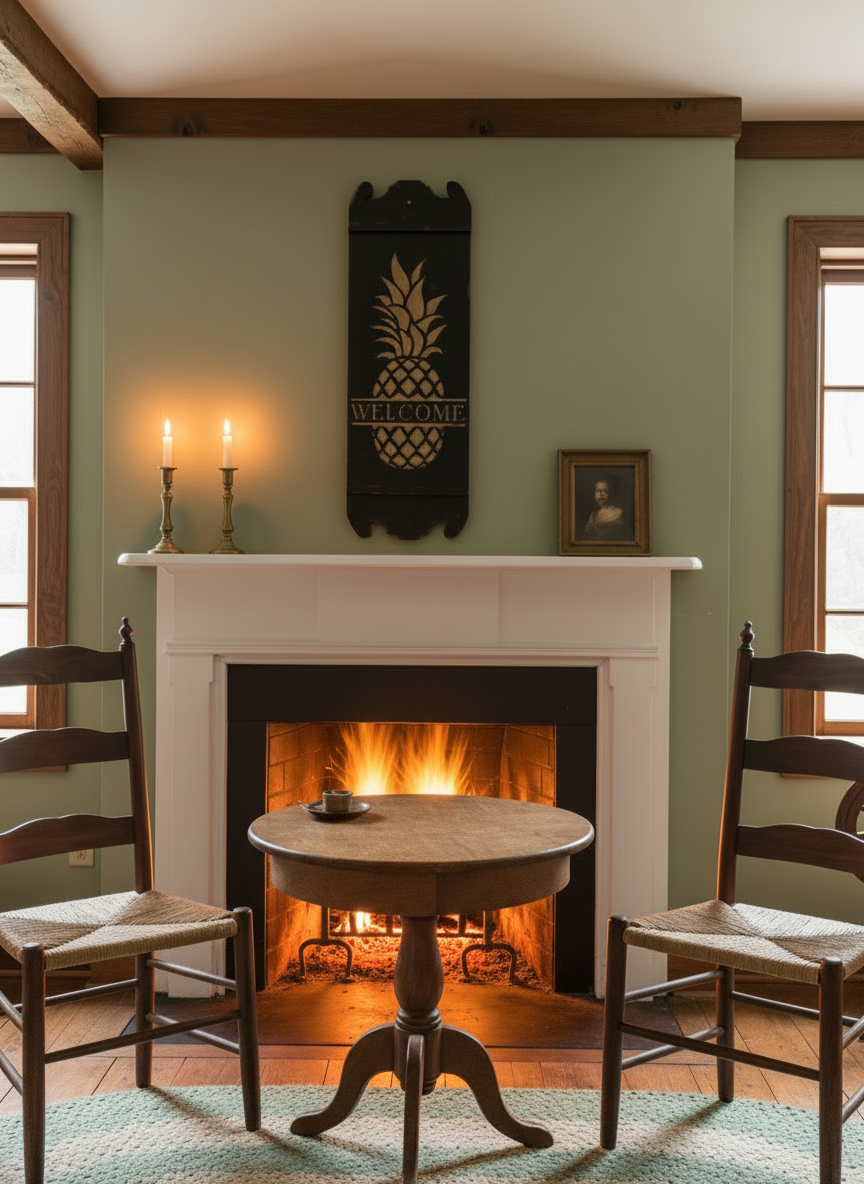 Cozy living room with fireplace, chairs, and decorative elements.