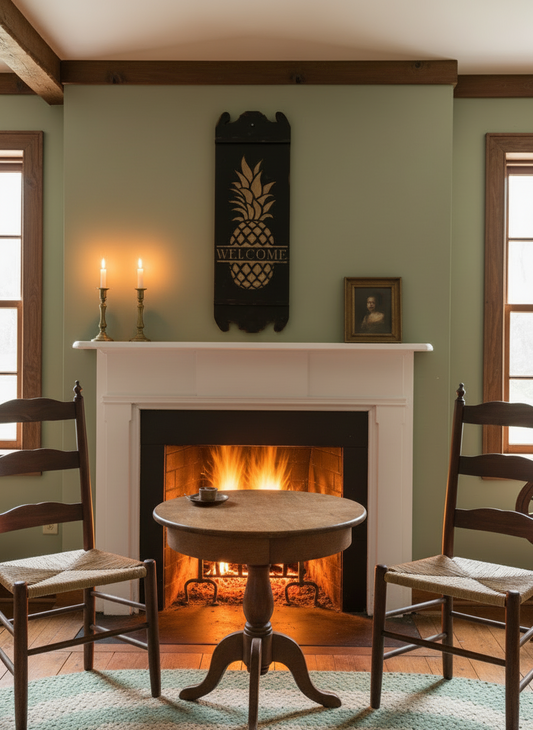 Cozy living room with fireplace, chairs, and decorative elements.
