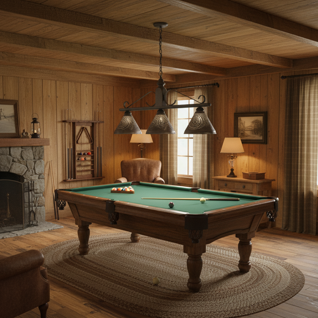 Wooden pool table in a cozy room with wooden walls, a fireplace, and a chandelier.