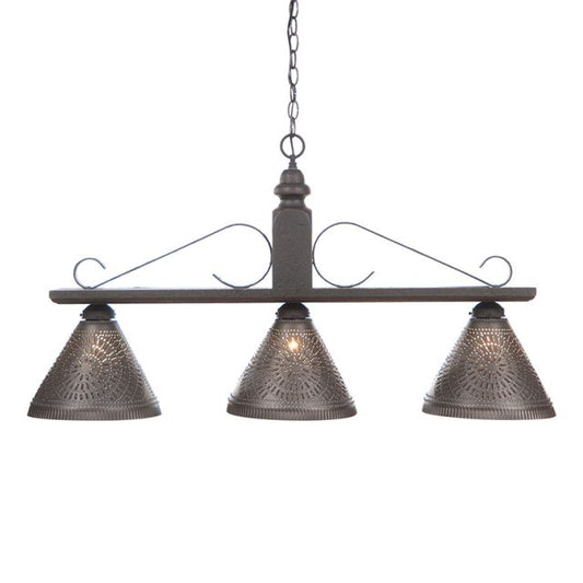 A black wrought iron hanging light with three Kettle Black shades, designed for use over an island or sink area in a kitchen.