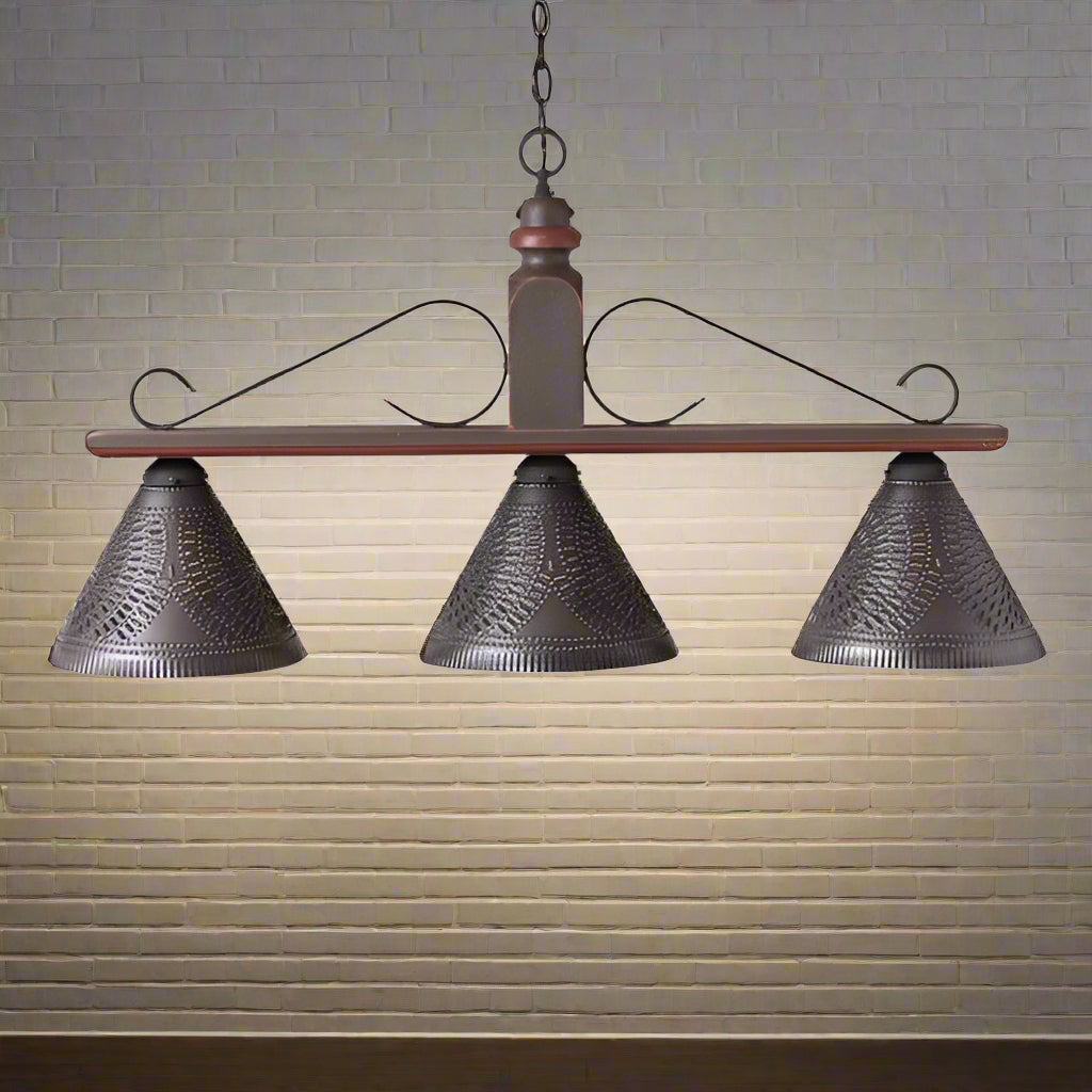 Three-light bronze pendant lamp with wooden shade on a white background