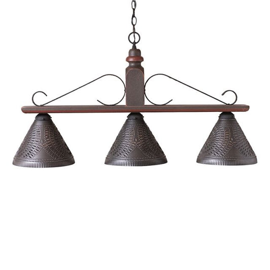 Three-light bronze pendant lamp with wooden shade on a white background