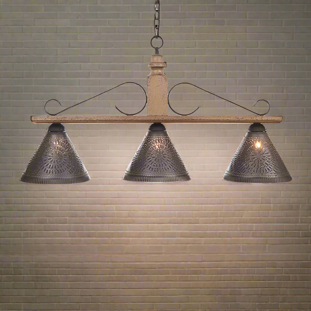 Three-light pendant lamp with wooden fixture and metal shades on a white background