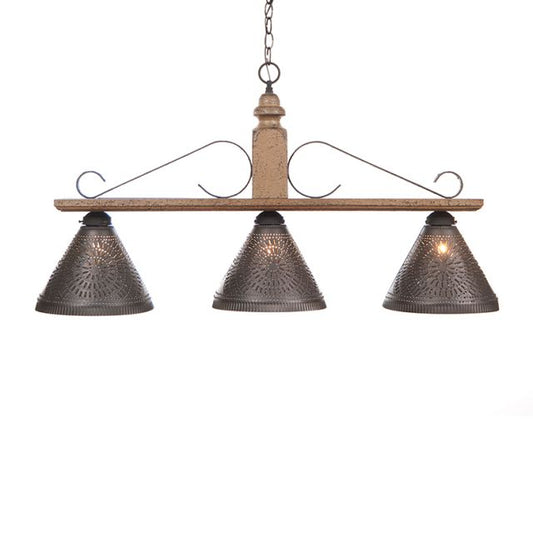 Three-light pendant lamp with wooden fixture and metal shades on a white background
