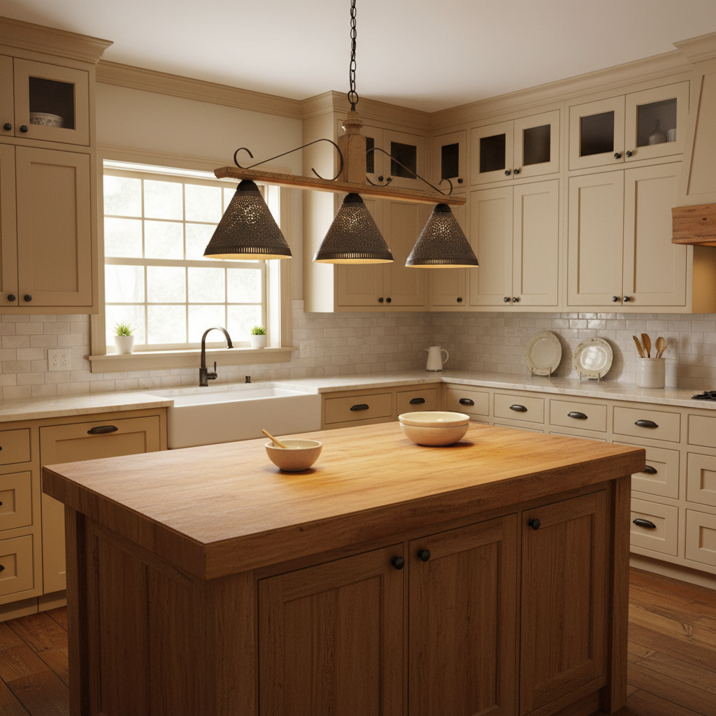 Kitchen with wooden island and pendant lights
