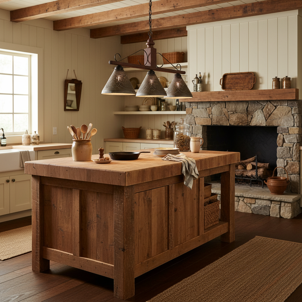 Wooden kitchen island in a rustic kitchen with stone fireplace