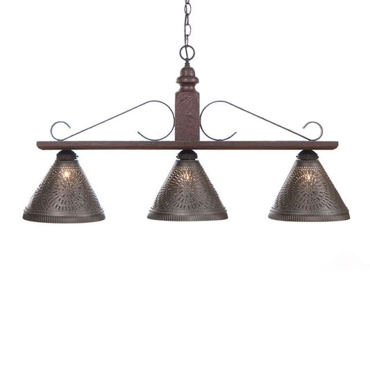 Three-light rustic pendant lamp with decorative shades on a white background
