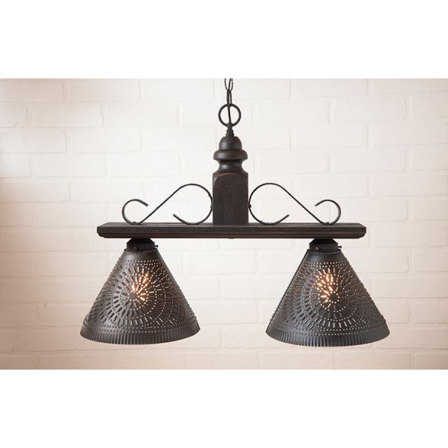 Vintage-style pendant light with two lampshades on a neutral background