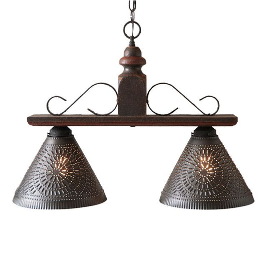 A medium-sized island light fixture with a heavy wood crossbar and wrought iron scroll brackets, accented with Kettle Black shades.