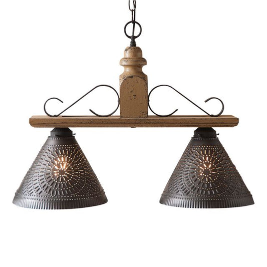 Vintage-style pendant light with wooden fixture and metal shades on a white background
